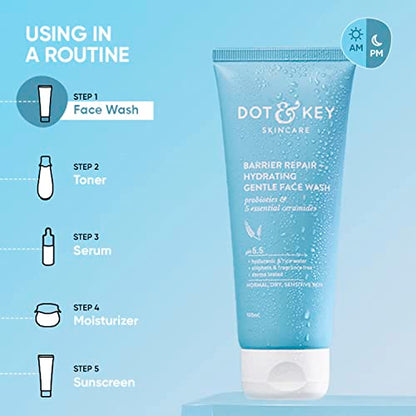 Dot & Key Barrier Repair + Hydrating Gentle Face Wash With Probiotic | Ceremide Face Wash | Face Wash for Dry Skin, Normal Skin & Sensitive Skin | Gently Cleanses Skin from Dirt & Oil for Unisex, 100ml