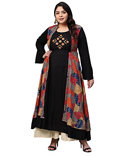 Yash Gallery Women's Plus Size Rayon Embroidered Anarkali Kurta for Women (1007YKBLACK_Black_XX-Large)