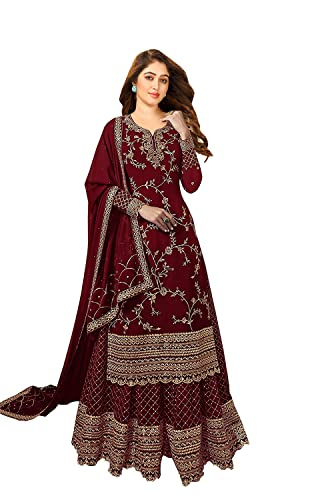 Miss Ethnik Women's Maroon Faux Georgette Semi Stitched Top With Stitched Faux Georgette Bottom and Faux Georgette Dupatta Embroidered Straight Kurta Dress Material (Kurta Palazzo Set) (ME-1033-M)