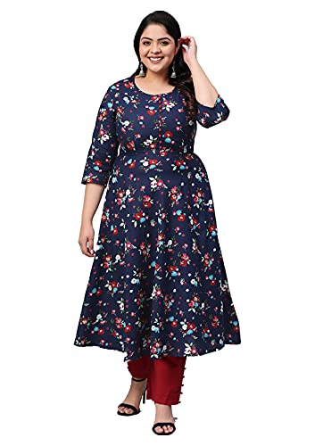 Yash Gallery Women's Plus Size Cotton Floral Printed Anarkali Kurta for Women (185YK302BLUE_Blue_XXXXX-Large)