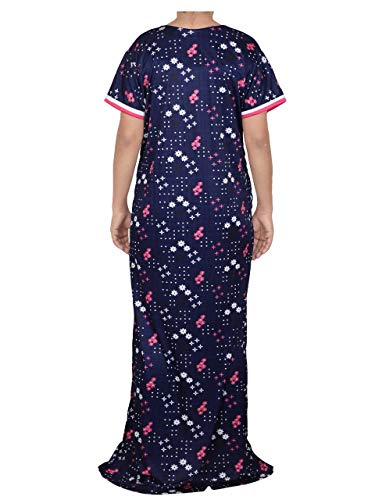 YKI Women's Synthetic Print Maxi Nightwear (RG-01_Navy Pink_XL)