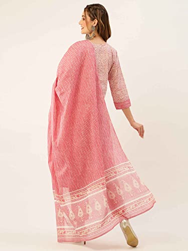 ZOLA Round Neck Cotton All Over Ethnic Print Pink Straight Kurta Set for Women with Dupatta