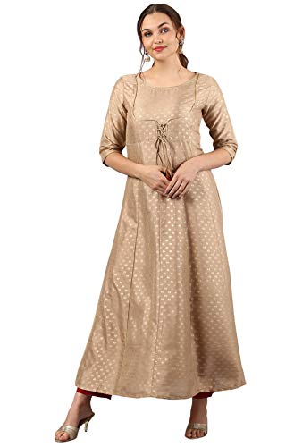 Janasya Women's Beige Poly Silk Foil Print Anarkali Kurta