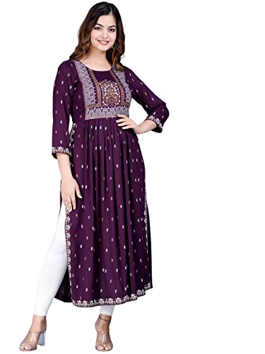 rytras Women's Rayon Printed Purple Nayra Cut Flared Kurta (Large)