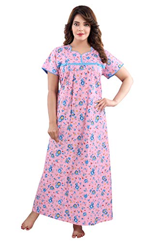 Fabme Women's Cotton Floral Maxi Nightgown (NW0249PK-XL_Pink_XL- Bust 48)