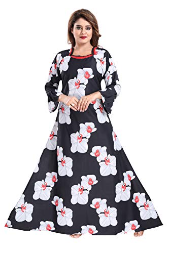 YKI Women's Sarina Beautiful Print Floral Full-Flare Maxi Nighty with Long Sleeves/Night Gown/Nightwear (Black, Red, XL)