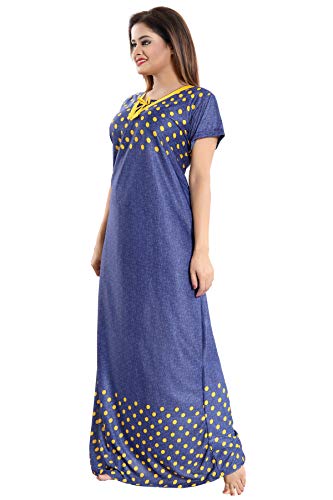 YKI RG-01 Women's Synthetic Print Maxi Nightgown (Denim & Mustard, X-Large)