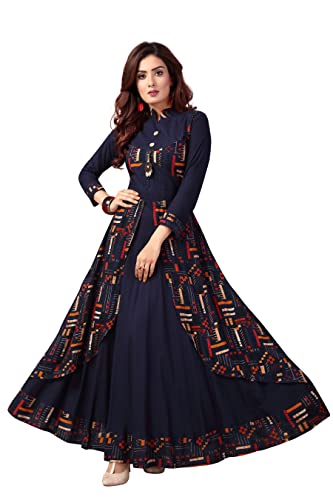 madhuram textiles Women's Rayon Gown Style Kurta (M-2082 L_Navy Blue_L)