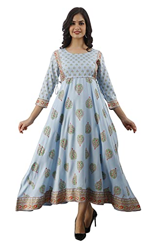 DMP FASHION Women's Rayon Printed Flared Long Kurta.(Light Blue)