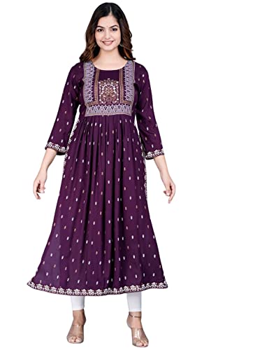 rytras Women's Rayon Printed Purple Nayra Cut Flared Kurta (Large)