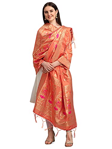 DEVANGI Women's Woven Banarasi Silk Zari Dupatta/Chunni, Width 1 Meter, Length 2.5 Meter (OM-DT-05-PEACH)