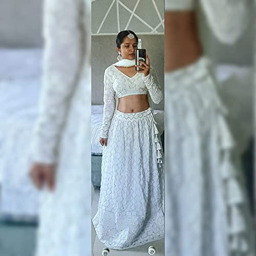 Trendmalls Women's Georgette Embroidery Work Lehenga Choli With Dupatta (L64-New-Bridal-Latest-Wedding-Sequnce-Lehenga-White-Designer-Free)