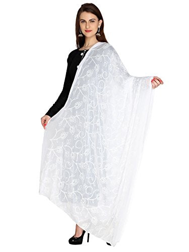 DUPATTA BAZAAR Women's White Embroidered Chiffon Dupatta