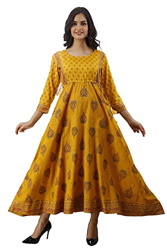 DMP FASHION Women's Rayon Printed Flared Long Kurta(Yellow)