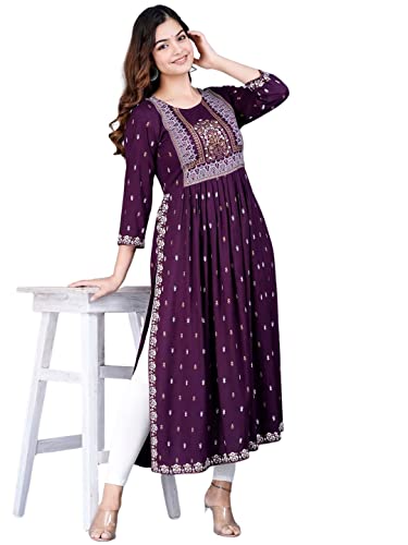 rytras Women's Rayon Printed Purple Nayra Cut Flared Kurta (Large)