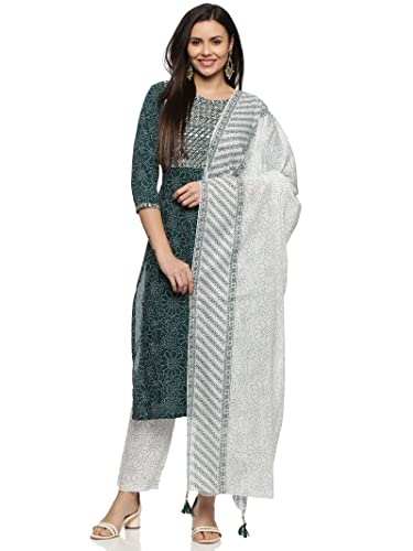 RAJMANDIRFABRICS Women Rayon Kurta Pant with Dupatta Set (PK10111000-XXL_Bottal Green & White_2XL)