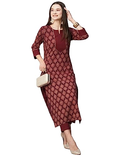 ANNI DESIGNER Women's Cotton Blend Straight Printed Kurta with Pant (Garima Maroon-NW_XL_Maroon_X-Large)