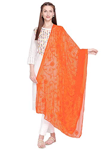 Dupatta Bazaar Woman's Embroidered Orange Chiffon Dupatta.