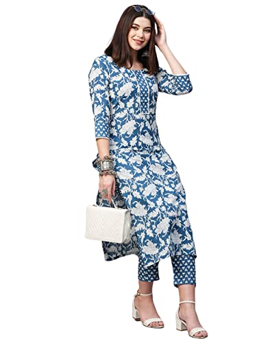 ANNI DESIGNER Women's Cotton Blend Printed Straight Kurta with Pant (Pustak Blue-Nw_M_White/Blue_Medium)