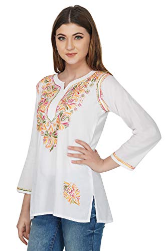 Vahson Designer Latest Chikankari Embroidery Cotton Short Kurti for Women/Girls (2XL, White)