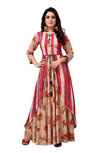 madhuram textiles Rayon A-Line Long Kurti with Double Layer and 3/4th Sleeve Fully Stitched Plain Printed Round Neck Stylish Gown for Women (M-2071 L_Red_Large)