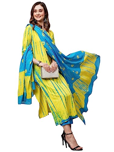 ANNI DESIGNER Women's Cotton Blend Straight Printed Kurta with Pant & Dupatta (Kayke Yellow-NW_XXL_Yellow_XX-Large)