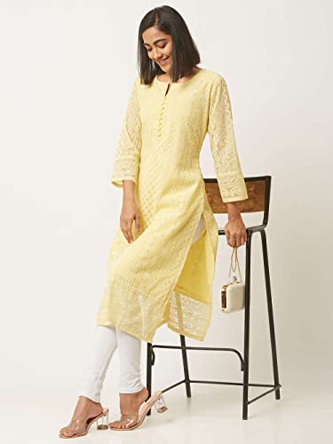 ZOLA Georgette Lucknowi Chikankari Straight Georgette Kurta for Women Regular Fit Round Neck with Full Sleeves & Calf Length Light Green