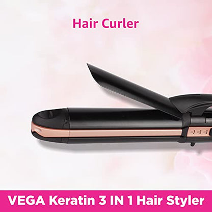 Vega 3 in 1 Hair Styler- Hair Straightener for Women, Hair Curler & Hair Crimper, India's No.1* Hair Styler Appliance Brand, (Keratin Hair Styler, VHSCC-03), Rose Gold