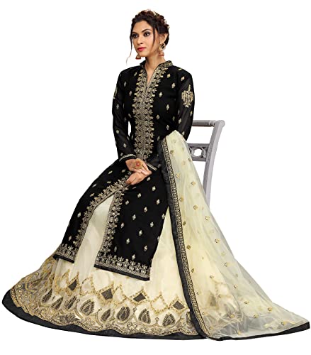 Trendmalls Women's Georgette Net Embroidery Salwar Suit Set Kurta Lehenga with Dupatta (TM.G80-Black-L-)