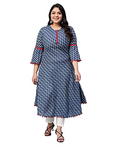 Yash Gallery Women's Plus Size Cambric Cotton Printed A-Line Kurta for Women (1037YKBLUE_Blue_XXXX-Large)