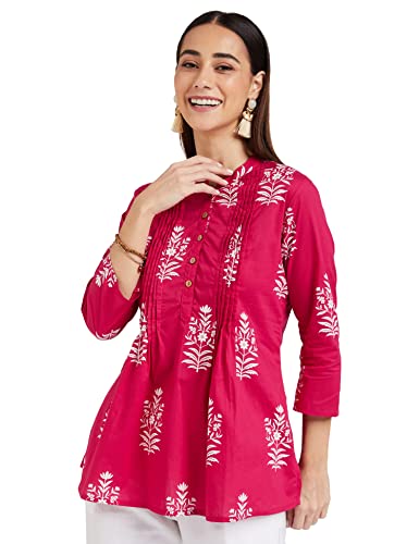 Amazon Brand - Myx Women's Cotton Printed Relaxed Short Kurti (SS19MYXTP018A2_Fuschia_XL)