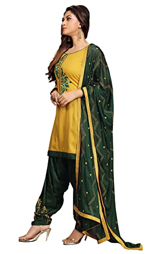 Panash Trends Women's Satin Silk Embroidery Salwar Suit Unstitched (Yellow)