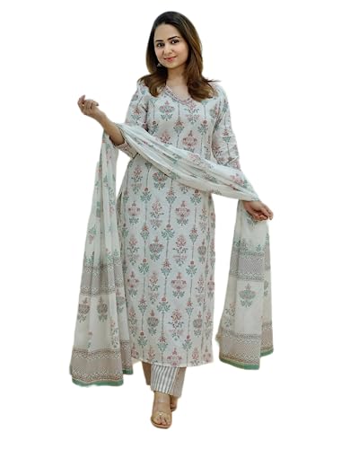 KLOSIA Women Printed Kurta and Pant Set with Dupatta (X-Large) White