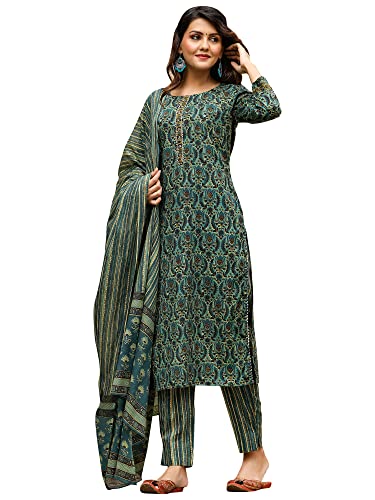 Vaamsi Women's Cotton Blend Kalamkari Printed Straight Kurta Pant with Dupatta (VKSKD1171_Green_XL)