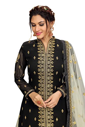 Trendmalls Women's Georgette Net Embroidery Salwar Suit Set Kurta Lehenga with Dupatta (TM.G80-Black-L-)