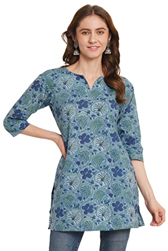 COTLAND Fashions Jaipuri Cotton Printed Short Kurti for Women (Shades of Blue)