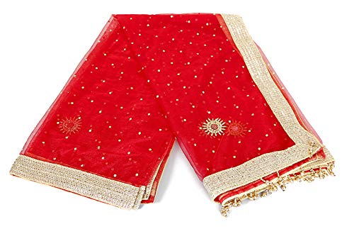 POVAMI Women's Embroidered Net Dupatta (PV-RN-795_Red_Free Size)