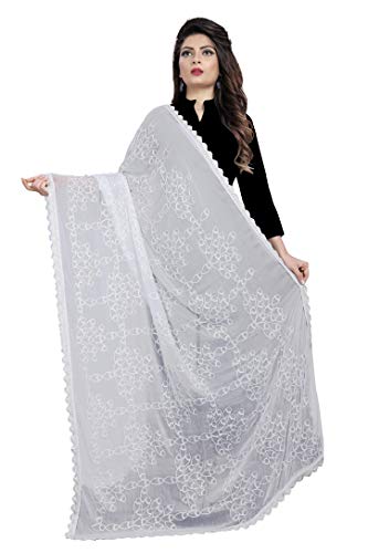 AKSHAR LLC Miss India Women's Chiffon Dupatta with Heavy Embroidery Work (White2)