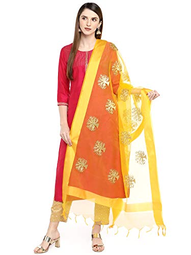 DUPATTA BAZAAR Woman's Yellow Organza Dupatta with Gold Embroidery.