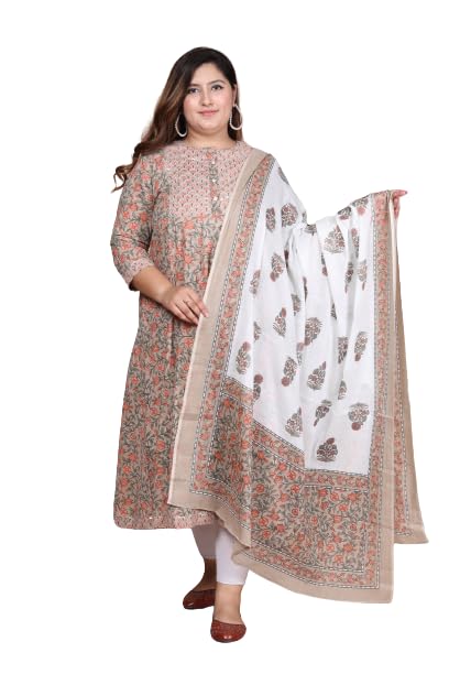 Miravan Women's Plus Size Brown Floral Printed Gota Work Long Anarkali Kurta with Dupatta (3XL)