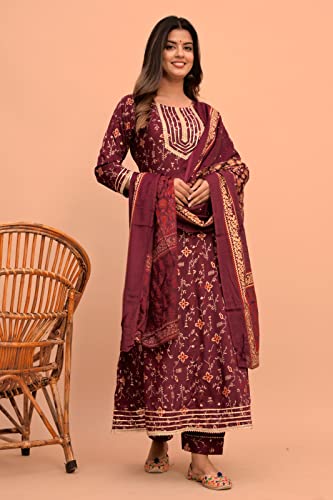 Jaipur Fashions Women Rayon Printed Anarkali Kurti with Pant and Dupatta Set (Large, Maroon)