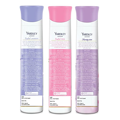 Yardley London Refreshing Deo Body Spray Tripack (English Lavender + English Rose + Morning Dew) for Women, 150ml Each (Pack of 3)