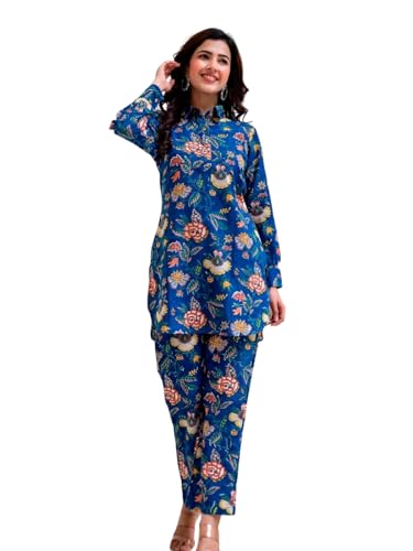 Leriya Fashion Women's Rayon Collared Decorative Front Button All Over Floral Printed Kurta and Pant Set for Women Perfect for Office Casual Travelling for Girls (3X-Large, Blue)