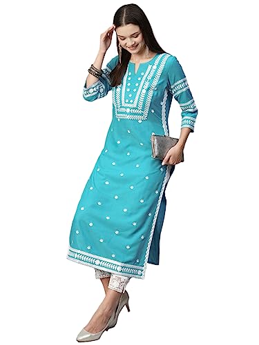 GoSriKi Women's Cotton Blend Chikankari Embroidered Straight Kurta (STHO-Sky Blue-GS_L_Sky Blue_Large)