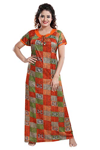 YKI Women's Synthetic Printed Maxi Night Gown (RG-01_Orange_XL)