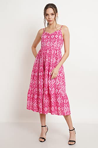 COTLAND Fashions Jaipuri Cotton Printed Flared Strappy A-Line Dress for Women (Shades of Pink)