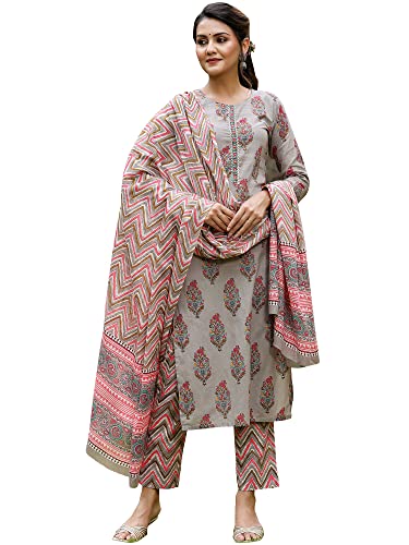 Vaamsi Women's Cotton Blend Floral Block Printed Straight Kurta Pant with Dupatta (VKSKD1134_Grey_L)