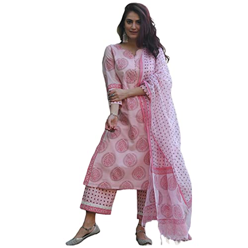 GoSriKi Women's Cotton Blend Straight Printed Kurta with Palazzo & Dupatta (CHHAPA-Pink-GS_M_Pink_Medium)