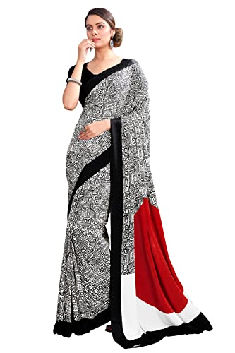 Jaanvi fashion Women's Black & White Geometrical Printed Crepe Saree With Unstitched Blouse Piece(simplify-8113a)