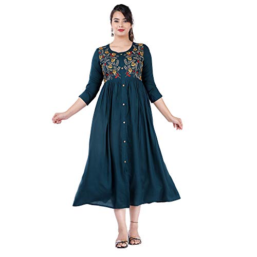 DMP FASHION Women's Rayon Embroidery Work Kurta (Large, Dark Green)